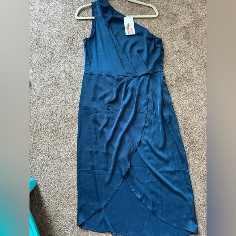 Prettygarden navy blue satin one shoulder NWT size Large dress
